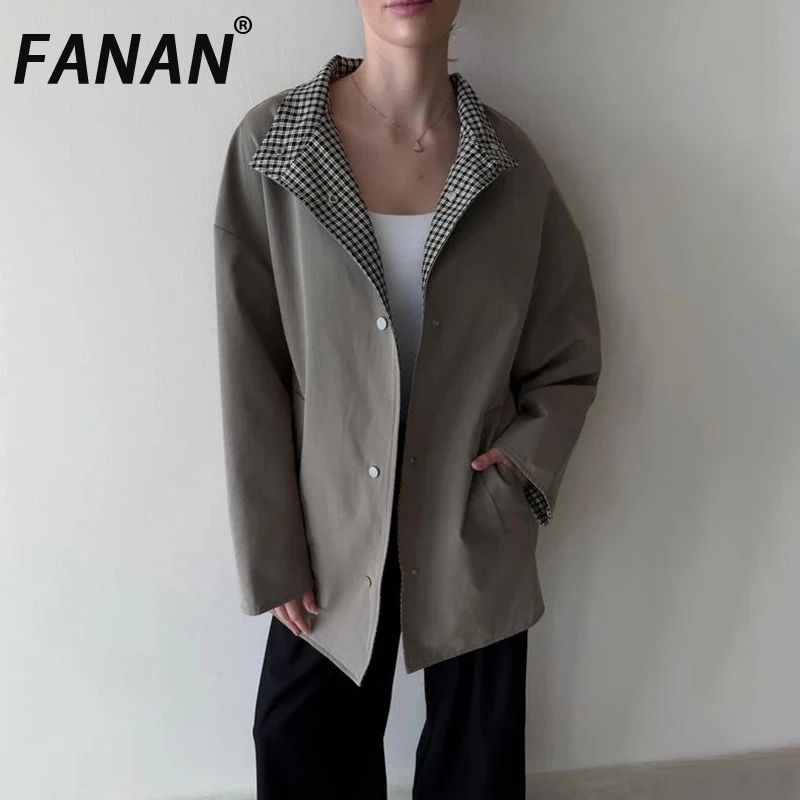 

FANAN Office Lady Plaid Contrast Color Trench For Women Stand Neck Single Breasted Minimalism Windbreaker 2025 Autumn New