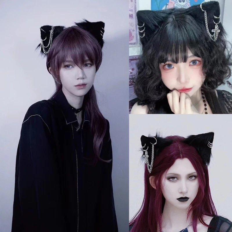 Anime Hairclip Plush Cat Ear Hairpins Punk Style TasselsCross Hair Pin Cosplay Costume Hair Barrettes Teens Hair Decors