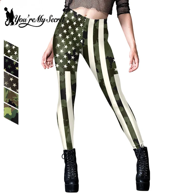 [You\'re My Secret] Women Pants Gym Camouflage flag Stripes Printed Stretchy High Waist Athletic Exercise Fitness Leggings