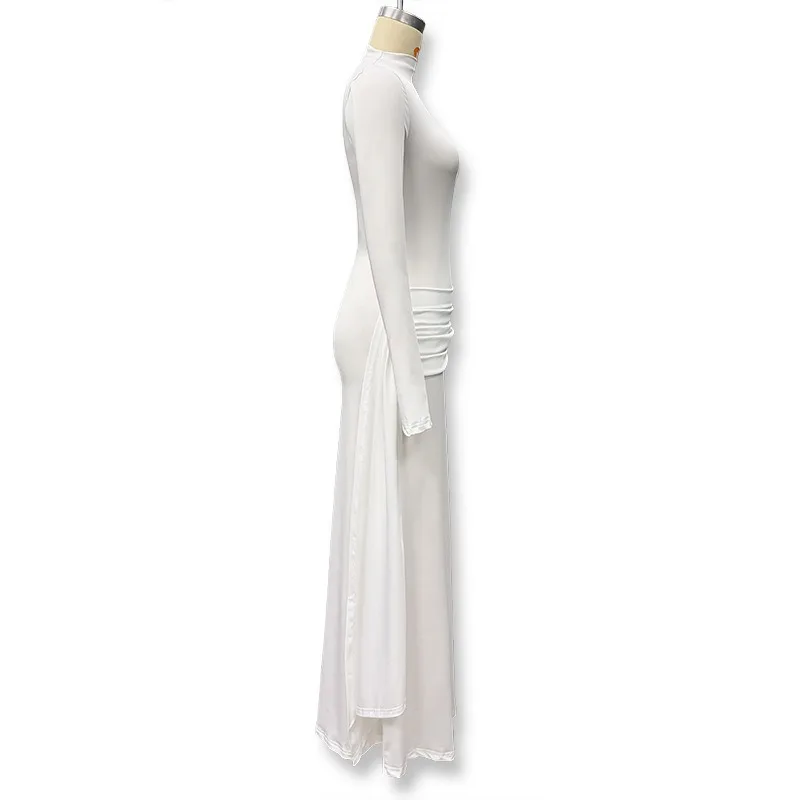 Patchwork Gerafftes Bandkleid für Damen Sexy Rollkragen Elegantes Hochgeschnittenes Abendkleid mit Langen Ärmeln – Detail 13