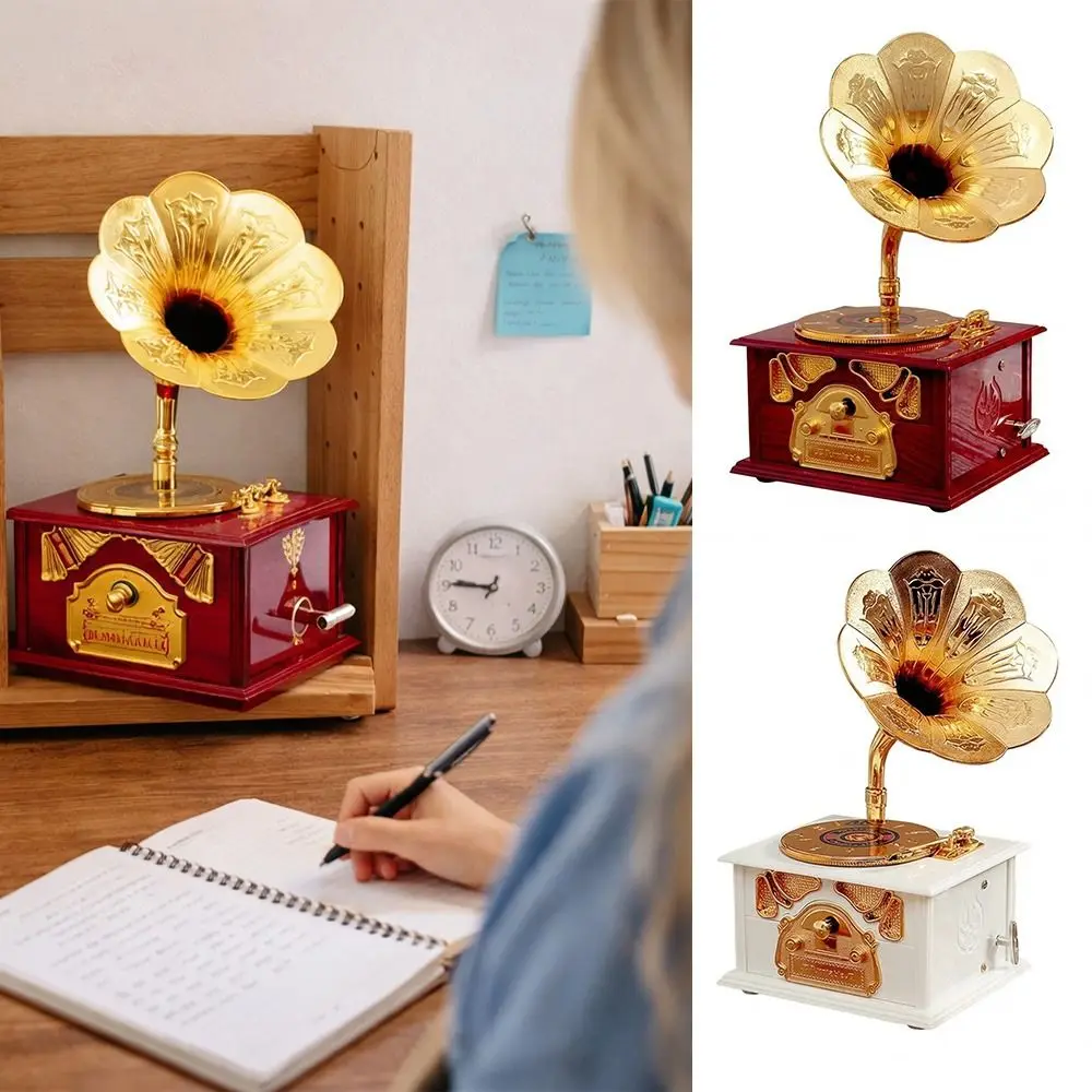 Vintage Style Gramophone Music Box with Drawer White Brown Phonograph Music Box Classical Phonograph Gramophone Model