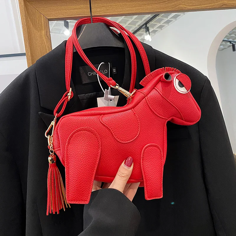 

New Cute Animal Horse Shape Shoulder Bag Niche Design Women's Bag PU Leather Tassel Crossbody Bag New Fashion Female Handbags