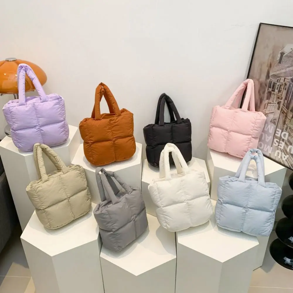 

Simple Nylon Space Cotton Handbag Solid Color Padded Cloud Tote Bag Square Handle Puffy Shoulder Bag Unisex