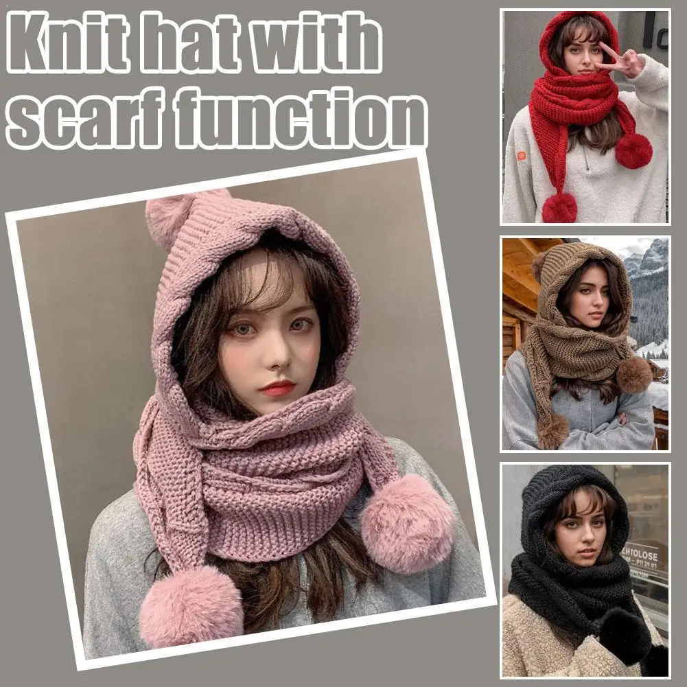 

1 шт. зимняя теплая вязаная шапка с шарфом 2-в-1 женская шапка-балаклава головные уборы для девочек шапки для защиты ушей уличные ветрозащитные шапочки