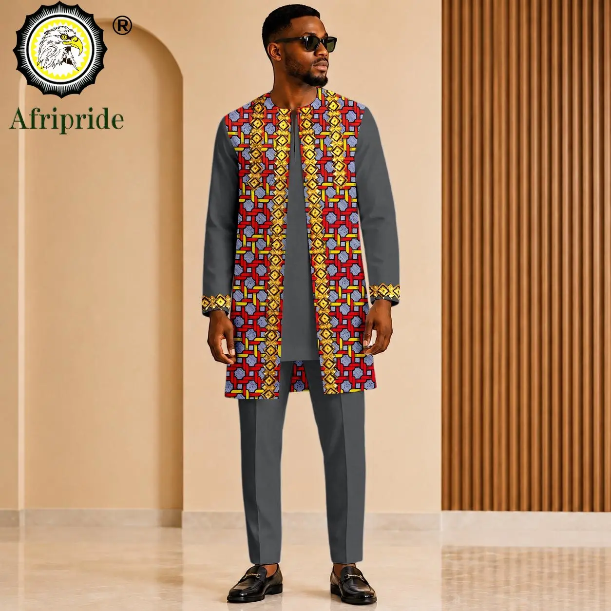 Dashiki Men African Clothes Embroidery Scoop Neck Print Trench Coat Shirts and Pants 3 Piece Set Ankara Attire Plus Size 2616117