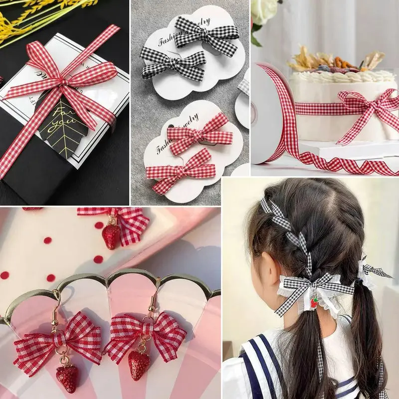 5 jardów bawełniany materiał w kratkę wstążki na ślub dekoracje na przyjęcie świąteczne prezenty zawijanie kokarda DIY Hair Craft Plaid wstążki Card