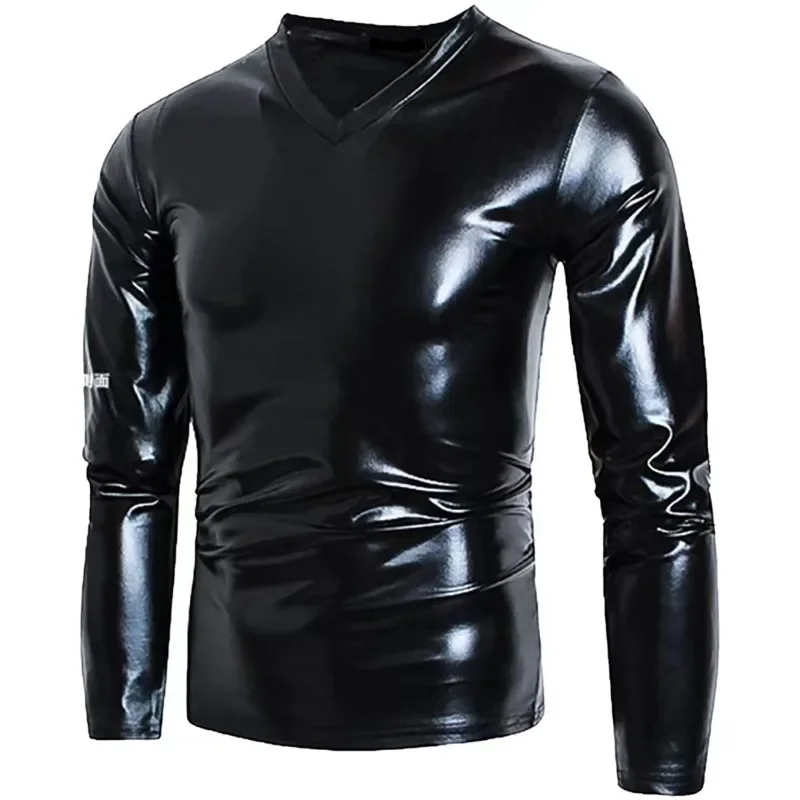 V-neck Bright Leather Stretch Bodysuit Men's Soft Patent Leather Long Sleeve T-shirt Men's Slim-fit Bar Leather Performance Wear