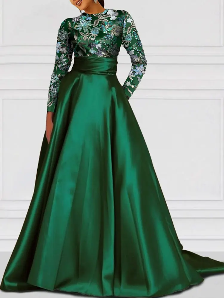 

A-Line Evening Gown Elegant Dress Formal Wedding Floor Length Long Sleeve Jewel Neck Mother Of the Bride Dress With Appliques