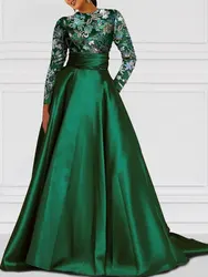 A-Line Evening Gown Elegant Dress Formal Wedding Floor Length Long Sleeve Jewel Neck Mother Of the Bride Dress With Appliques