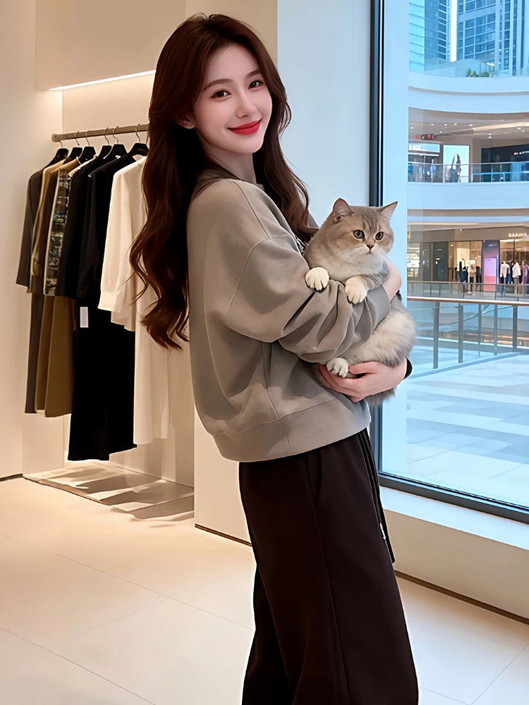 Ele Anti-Aging Fce-Lined Hoodie Wide Leg Pants Two-Piece Set Women's Faionable Streetwear Autumn New Arrival