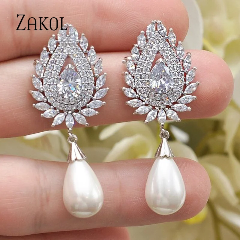 ZAKOL Vintage White Imitation Pearls Dangle Earrings for Women Luxury Water Drop Zircon Bridal Wedding Jewelry