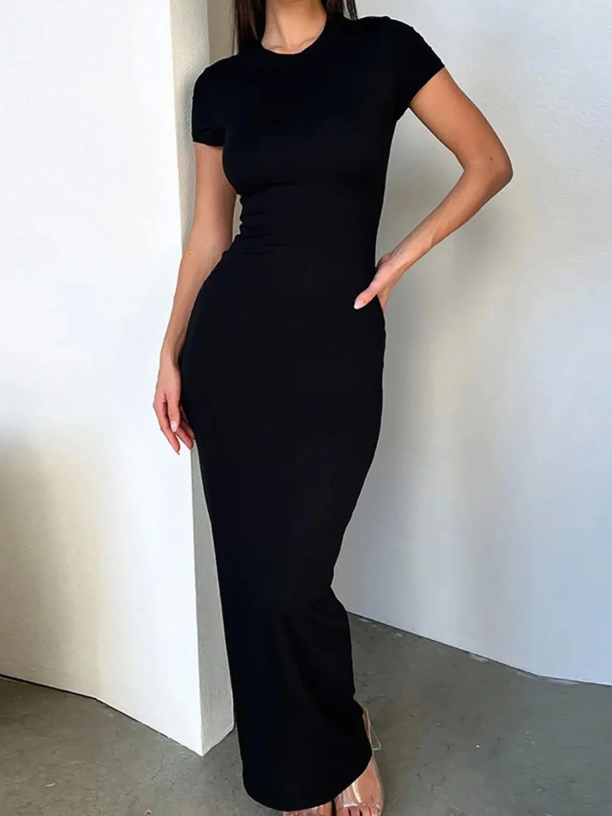 

Сексуальная приталенная круглая футболка Ne ort Sve Dr l с талией Dr Полиэфирная ткань Трапеция миди Dr Pure Color Весна...