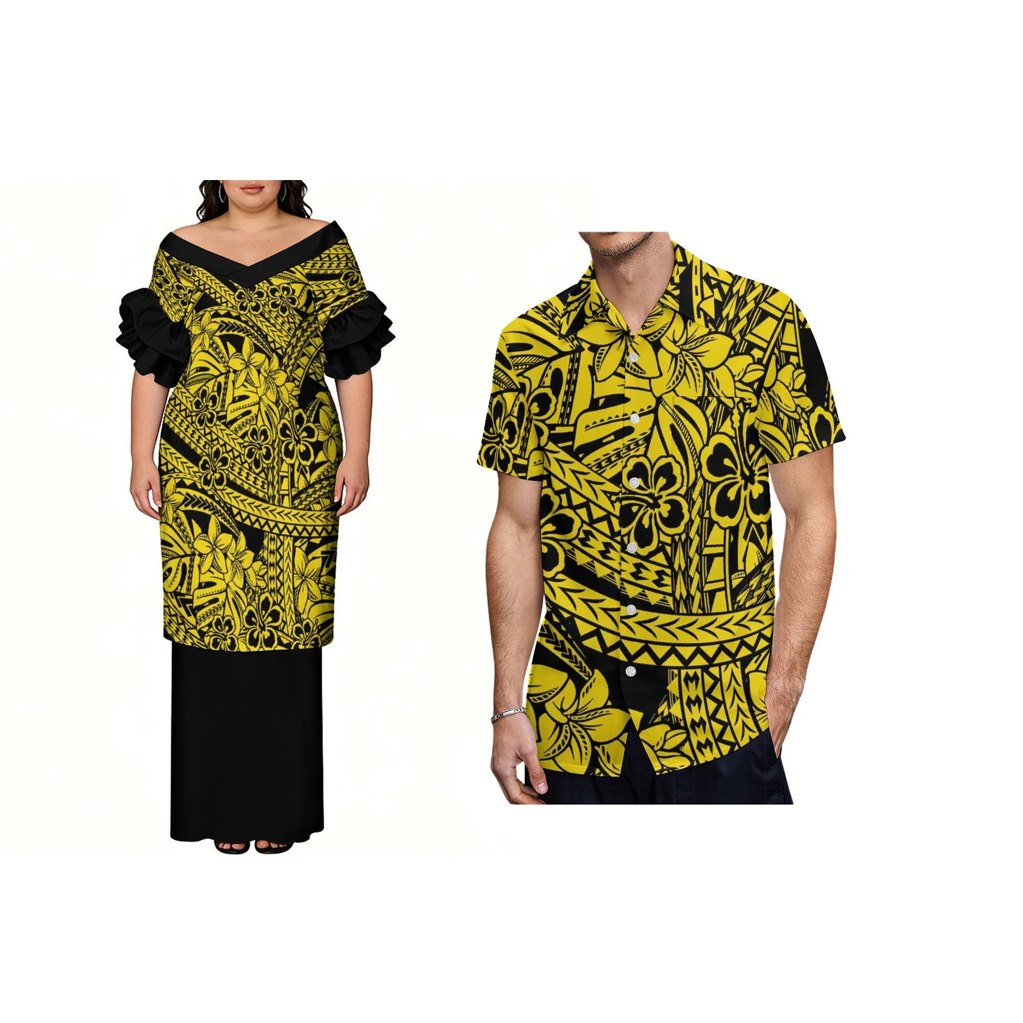 Hot Custom Plus Size Teal Lime Abstract Tribal Print Off Shoulder Ruffle Top Solid Band Long Skirt Women Two Piece Puletasi Set view 3