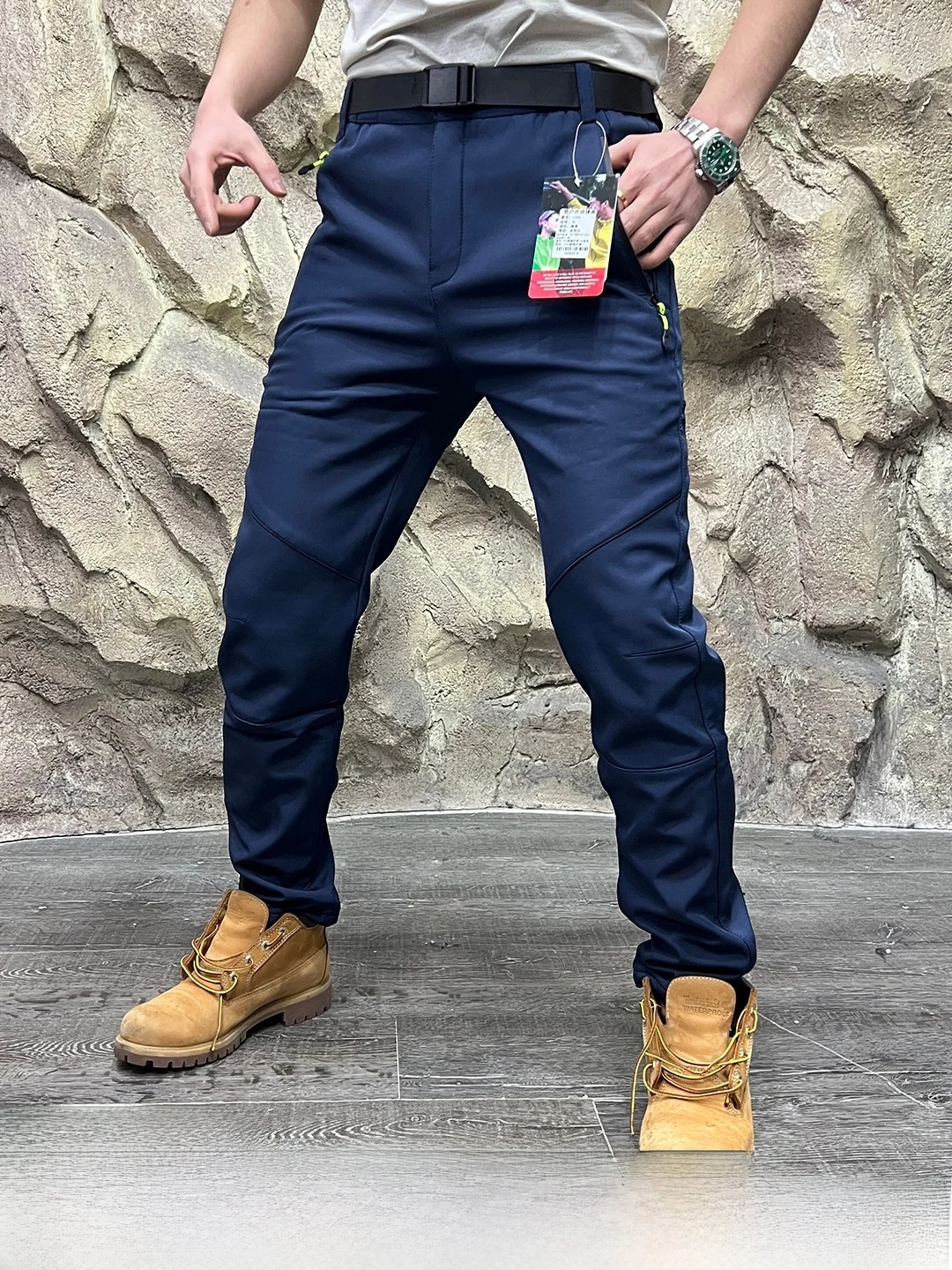 Outdoor Men's Functional Hiking Pants with Buckle Waist Belt Autumn Winter Composite Fleece Warm Waterproof Sports Mountain C...