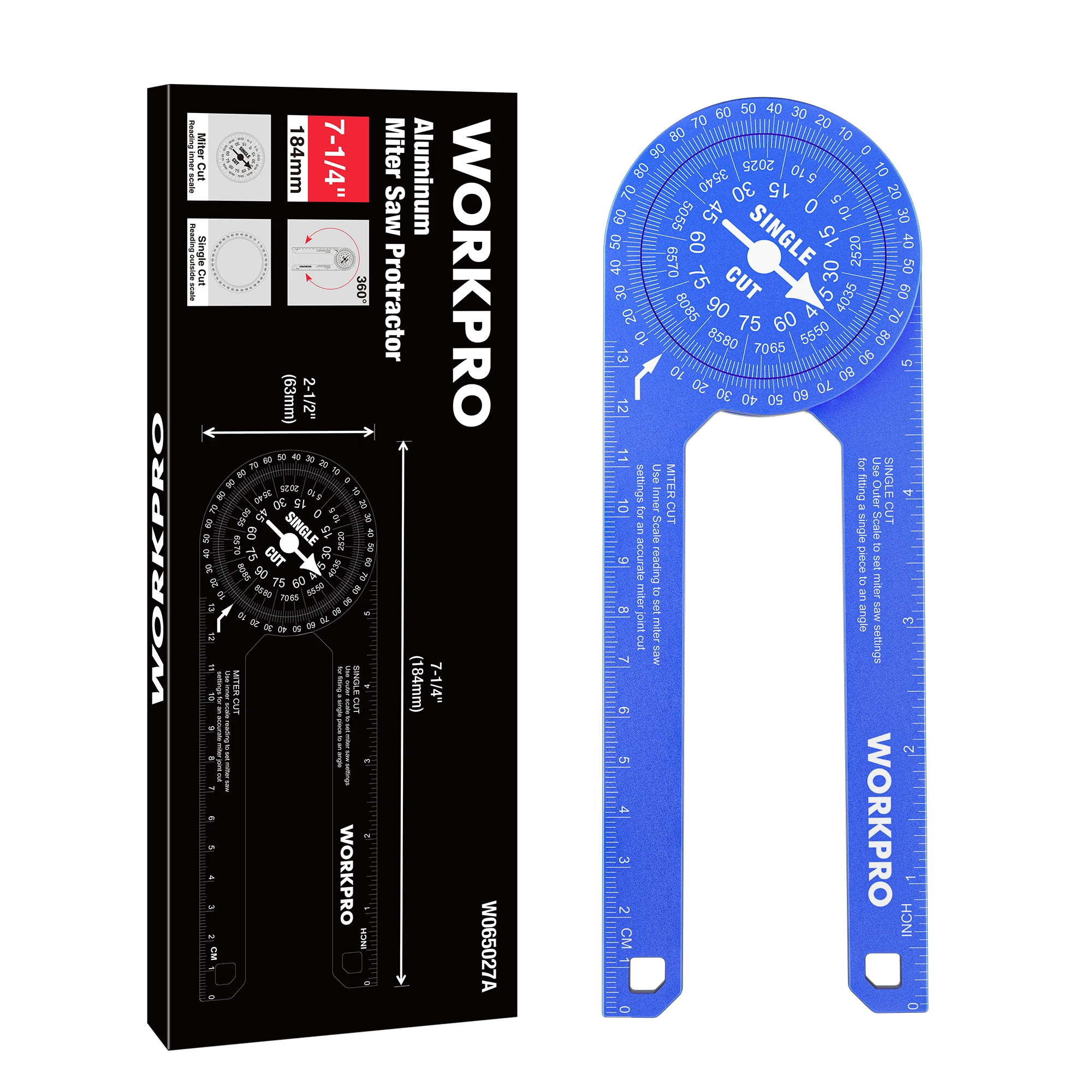 WORKPRO Aluminum Miter Saw Protractor 7.3 Inch Angle Finder Featuring Precision Laser Engraved Scales for Inside and Outside