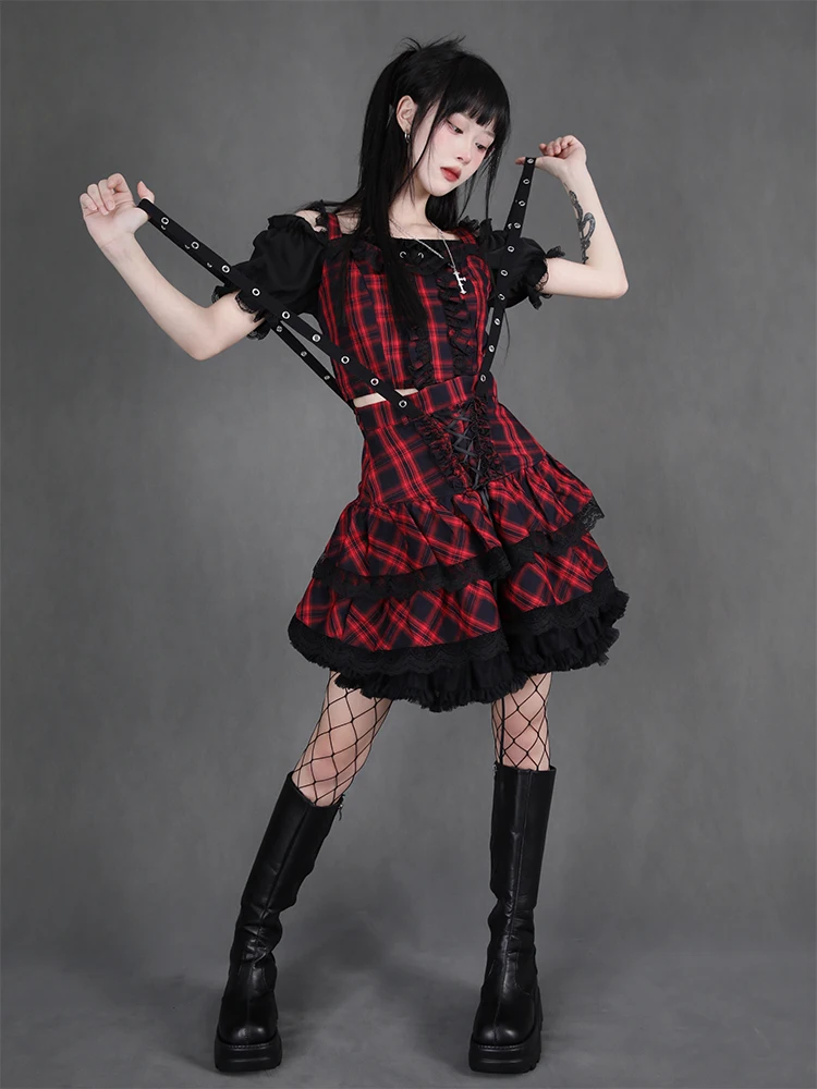 Ruibbit New Arrival Gothic Harajuku Hot Girl Cake Dress Rock Red Sweet Soft Girl Punk Japanese Lace Plaid Mini Short Skirts