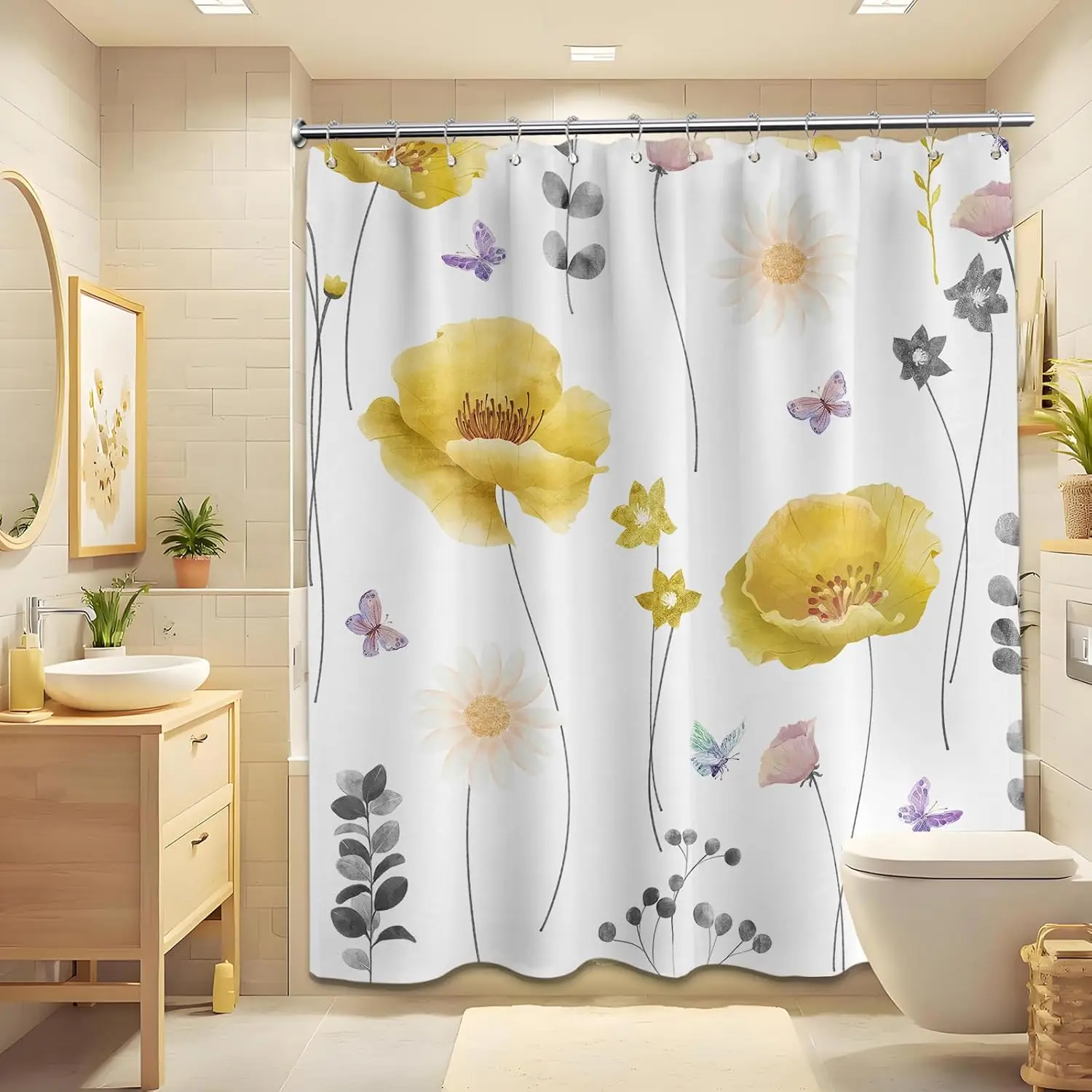 

Yellow and Gray Watercolor Floral Shower Curtain Grey and Yellow Spring Summer Modern Minimalist Flower Shower Curtains for Bath