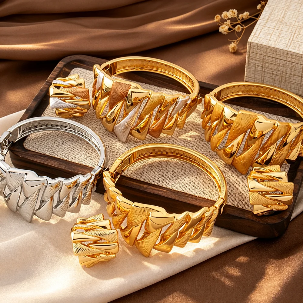 Women Bold Chunky Open Cuff Bangle & Ring Set Gold Silver Plated Geometric Texture Statement Jewelry for Daily Party Gift