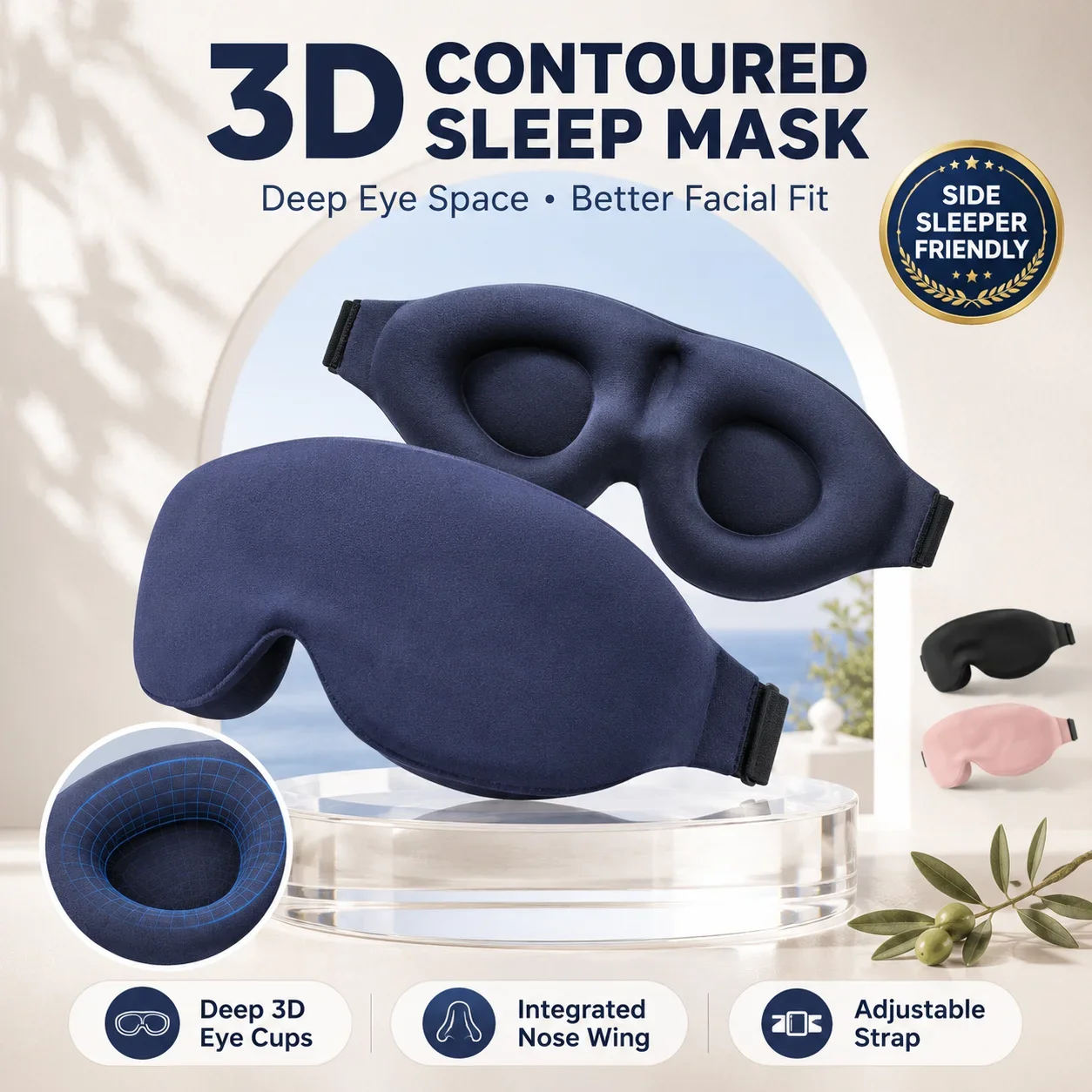 3D Contoured Sleep Eye Mask, Zero Pressure Light Blocking Blindfold for Side Sleepers, Soft Night Eye Shade for Travel Nap