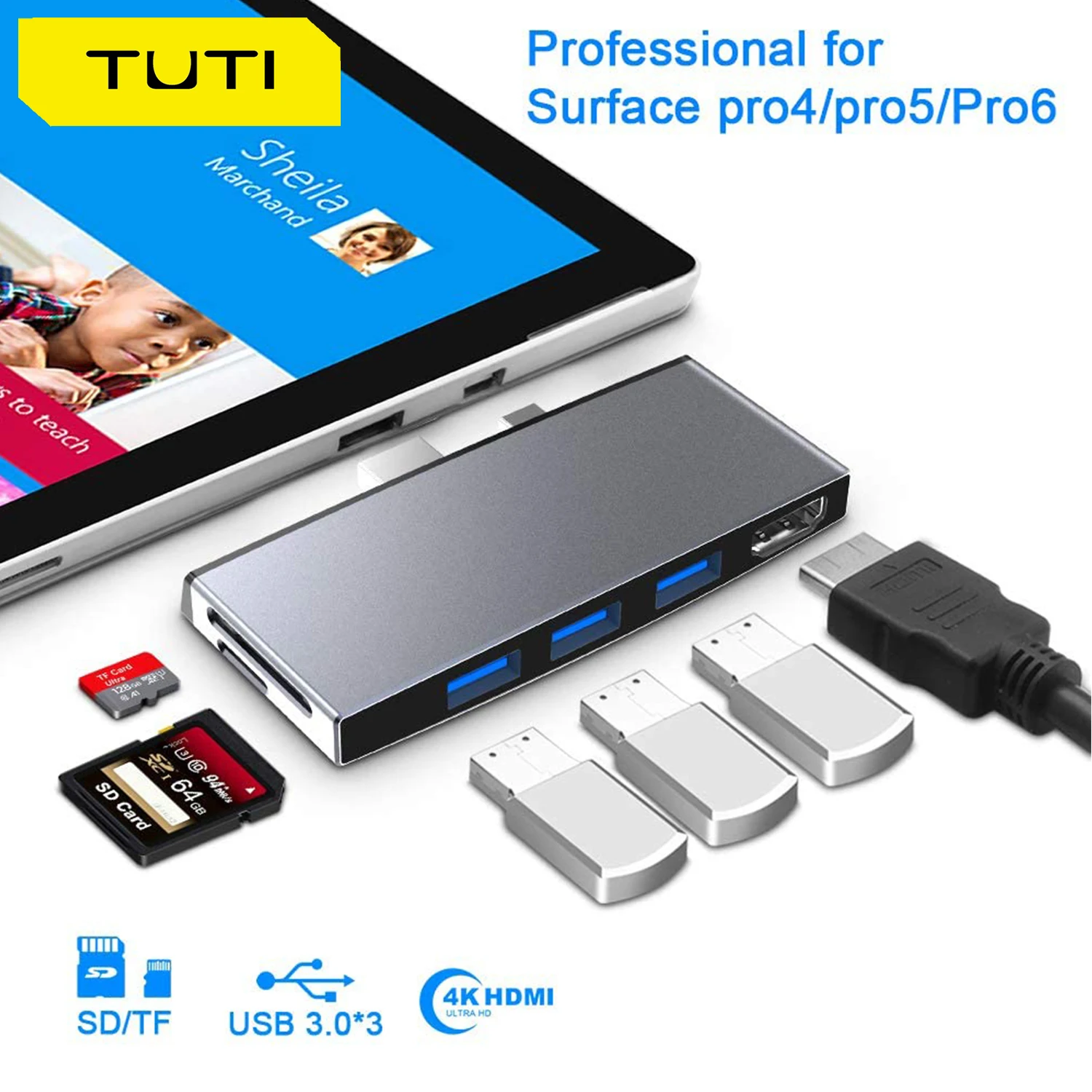 Surface Pro 4/5/6/7/8/9/X  6-in-1 Docking Station Type-C Male To HDMI-compatible SD for MicroSD USB Hub Multi Splitter Adapter