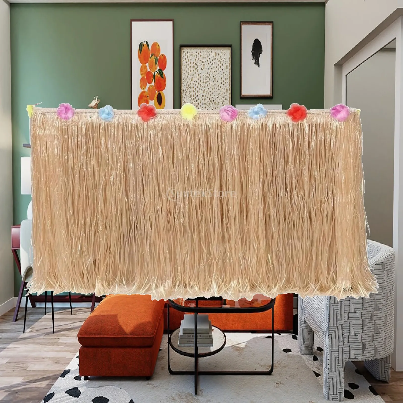 Tropical Luau Table Skirt for Party Decorations Hawaiian Fringe Cover with Flower Trim for Beach Wedding Events