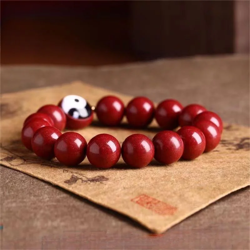 Natural Cinnabar Tai Chi Gossip Round Bead Bracelet for Men's and Women's Natal Year