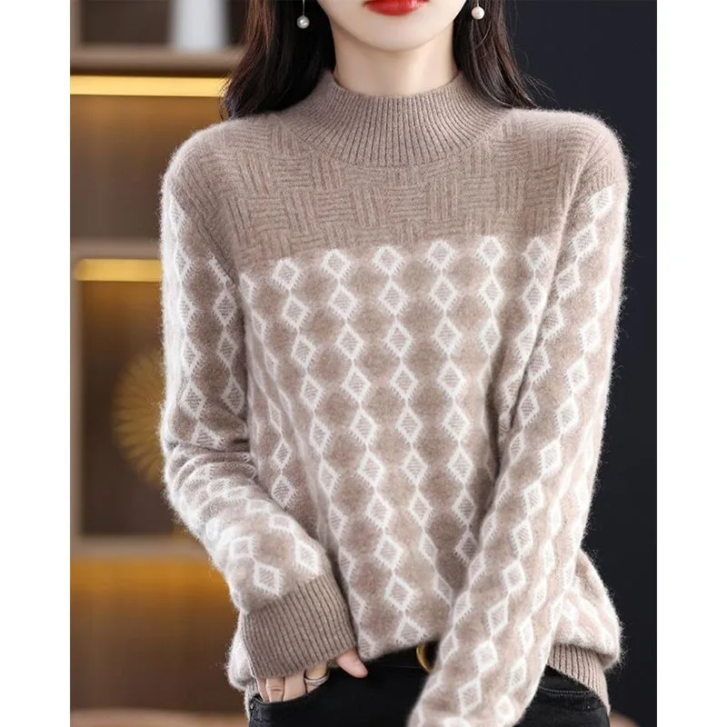 New Autumn Fashion Trend Fireworks Plaid Jacquard Half High Collar Colored Versatile Loose Relaxed Slim Style Women\'s Sweater