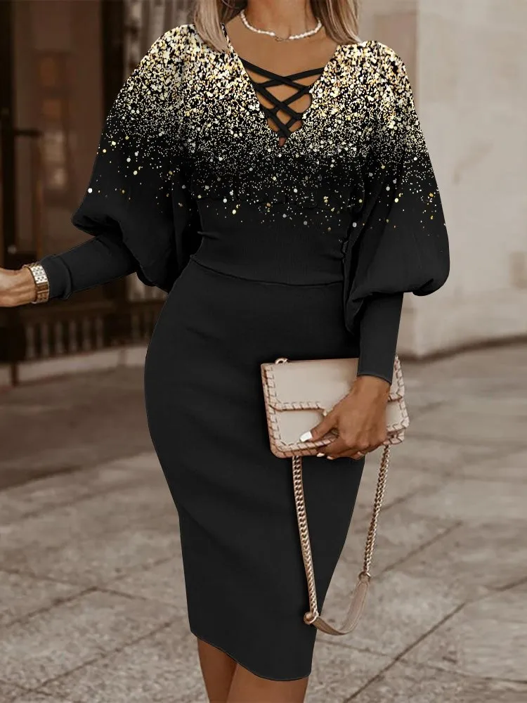 2025 outono moda com decote em v saco hip na altura do joelho vestidos para mulheres impressão geométrica manga longa midi vestido casual senhora do escritório robe