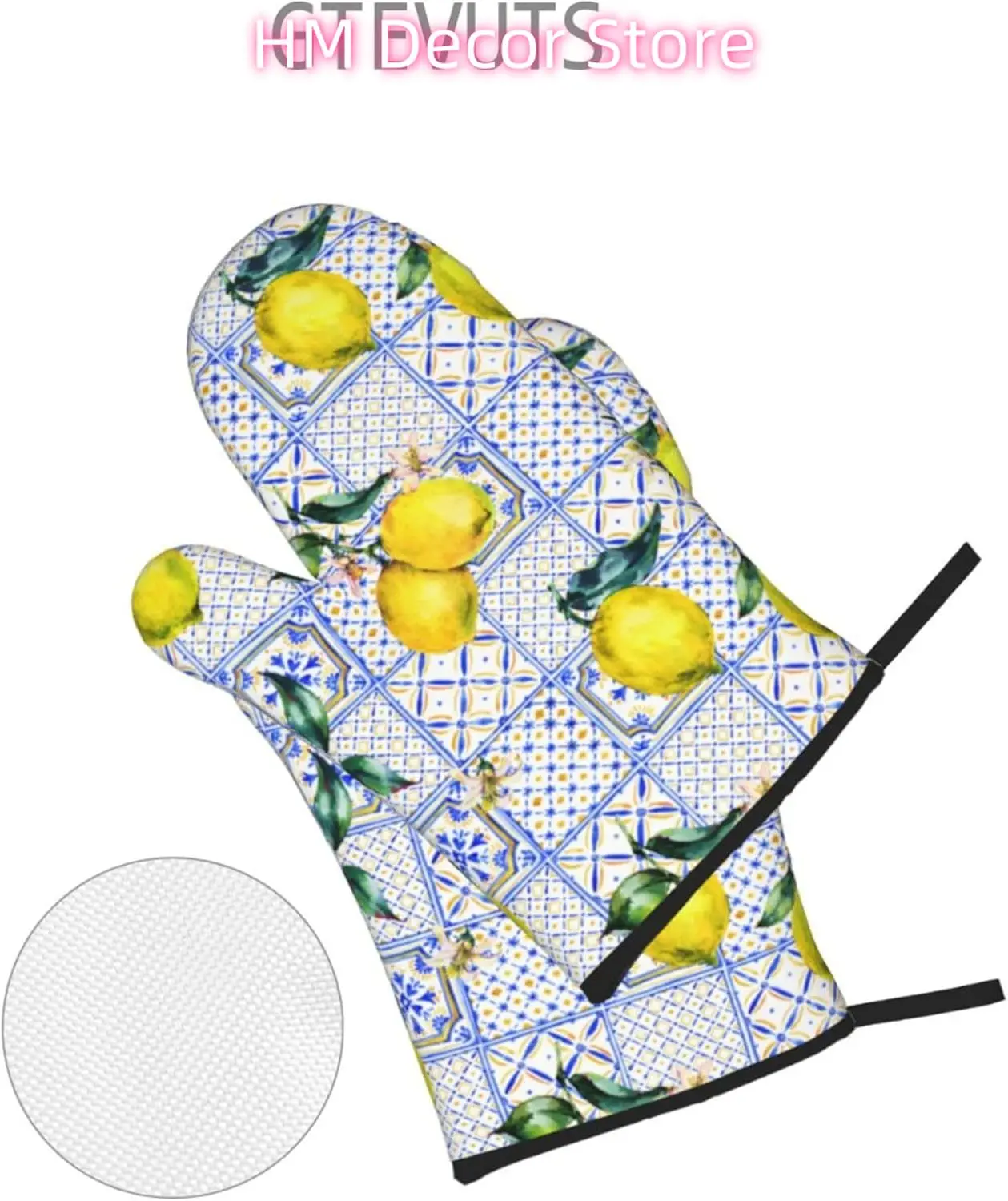 Lemon Yellow and Blue Tiles Oven Mitts and Pot Holders Sets of 4, Heat Resistant Oven Mitts - Country Style Non-Slip Cooking Glo