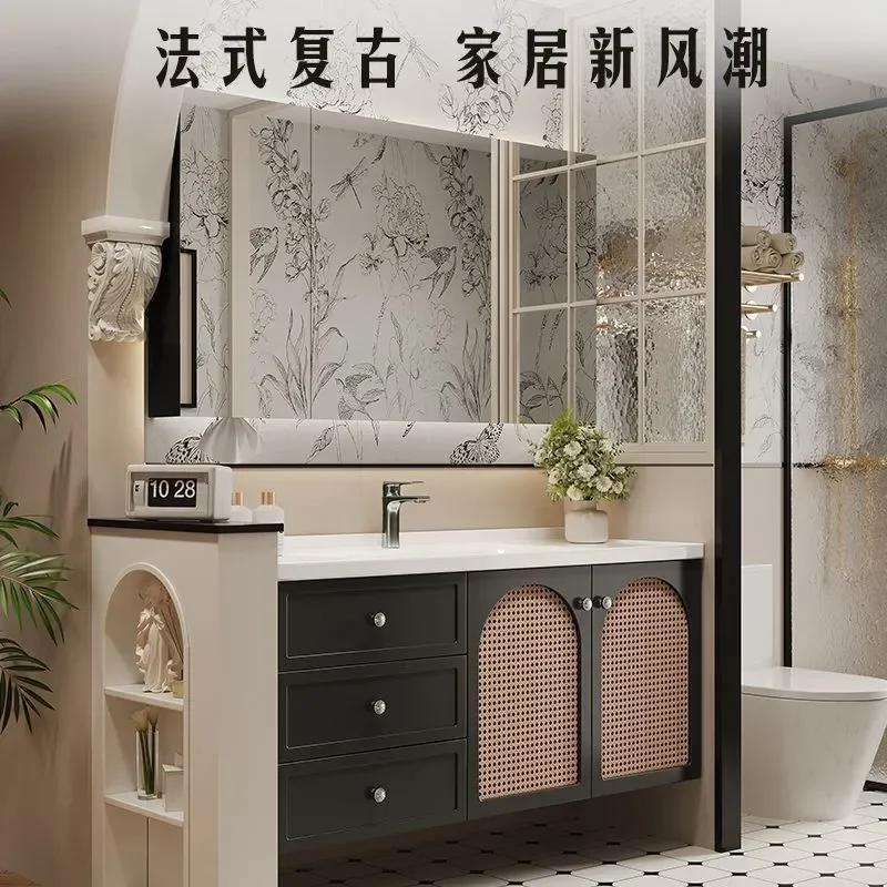 for French Retro Rattan Bathroom Cabinet Black Washstand with Basin Combo Vanity Unit Sink Storage Furniture