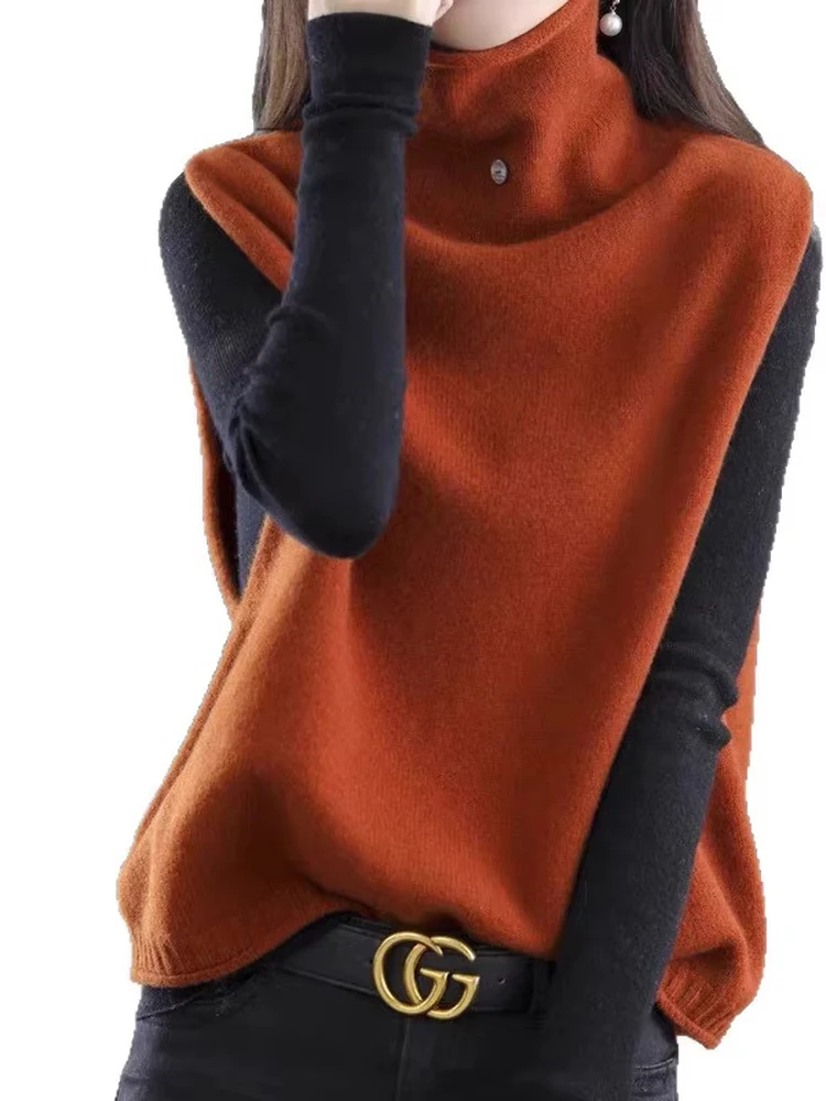 เสื้อกั๊กไหมพรมถักทรงหลวม สวมใส่สบาย อุ่นสบาย เหมาะสำหรับใส่ไปทำงาน แขนยาว คอสูง ชิ้นเดียว สำหรับฤดูใบไม้ร่วง ปี 2025  สี