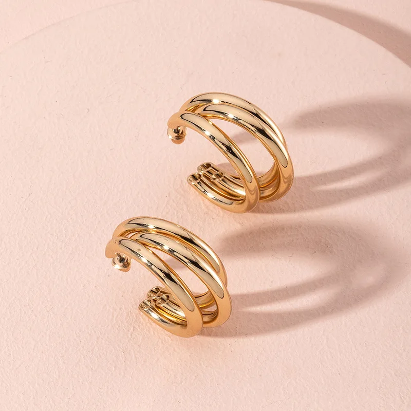 Lightweight Jewelry Wholesale 2024 Classic Fashion Gold Color Alloy Metal Bold Chunky Triple Tube Hoop Earrings for Women