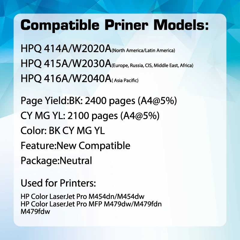 Qualicom 415a with chip toner cartridge for HP m479dw cartridge m479fdw M454dn M480f printer cartridge W2030A 414A 416A