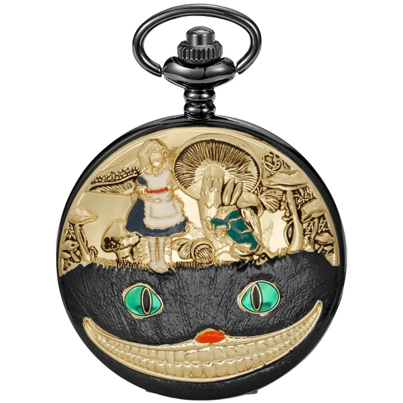Leuke raar kat ontwerp zwarte retro tijd edelsteen quartz zakhorloge mode hanger ketting voor mannen vrouwen kinderen klok cadeau