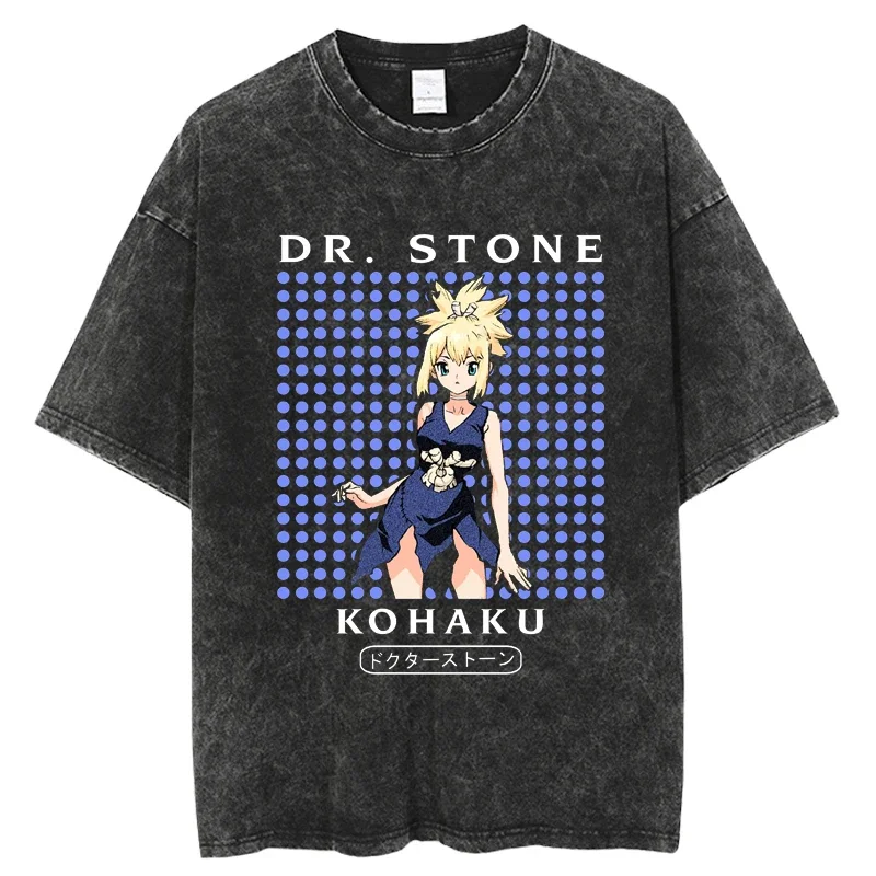 Punk Dr Stone Vintage Washed Tshirts for Men Digital Printing Anime Graphic T Shirt High Quality Women Harajuku Oversize Tee