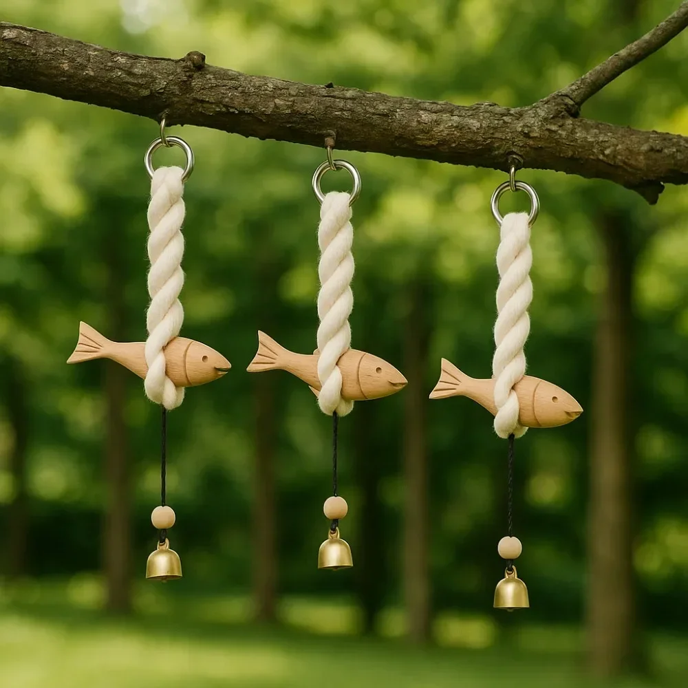Marine Beach Themed Wood Fish Sculpture Hand Carved Handcrafted Fish Door Chimes with Bell Rustic Fish Wall Hanging Decor