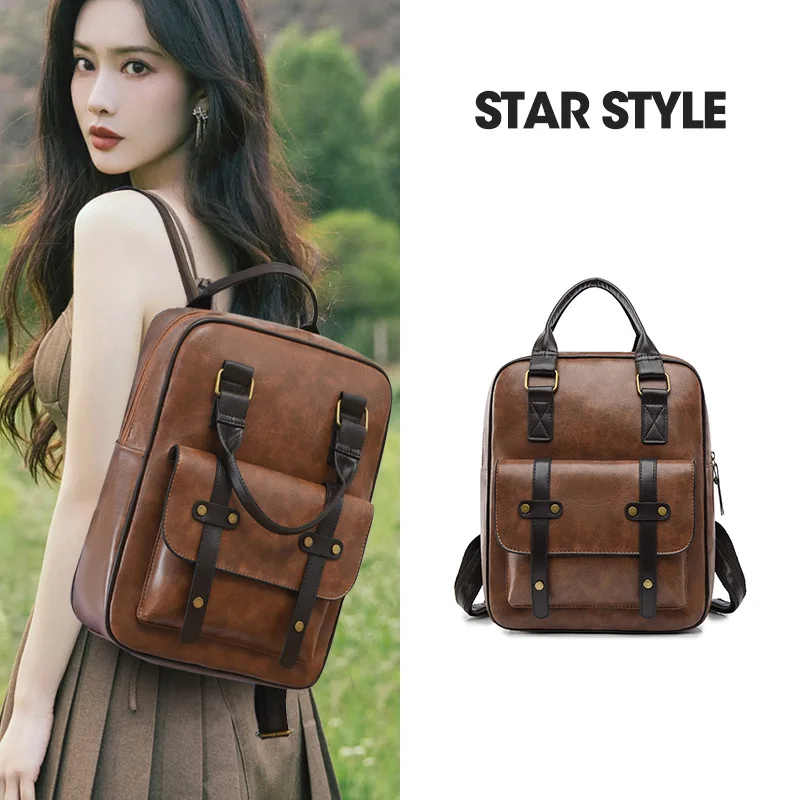 Picture 3: Durable pu leather retro men's backpack, multi-functional large-capacity 14-inch computer storage lock travel backpack