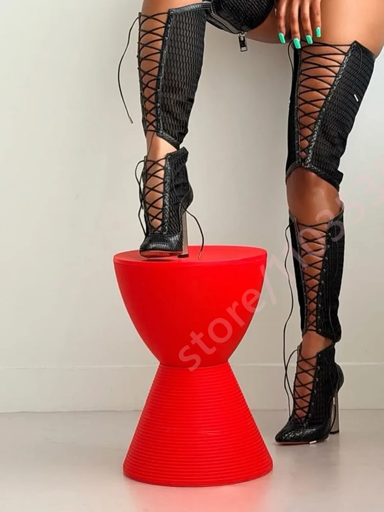 Women Black Cut Out Thigh High Boots Snake Texture Lace‑Up Front Pointed Metal Block Heel Zipper Nightclub Party Fashion Boots
