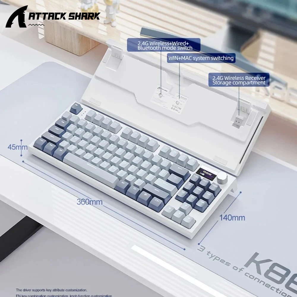 Attack Shark K86 Wireless Mechanical Keyboard, TFT Display, Metal Knob,RGB Backlit, Hot-Swappable, Bluetooth for Gaming & Office