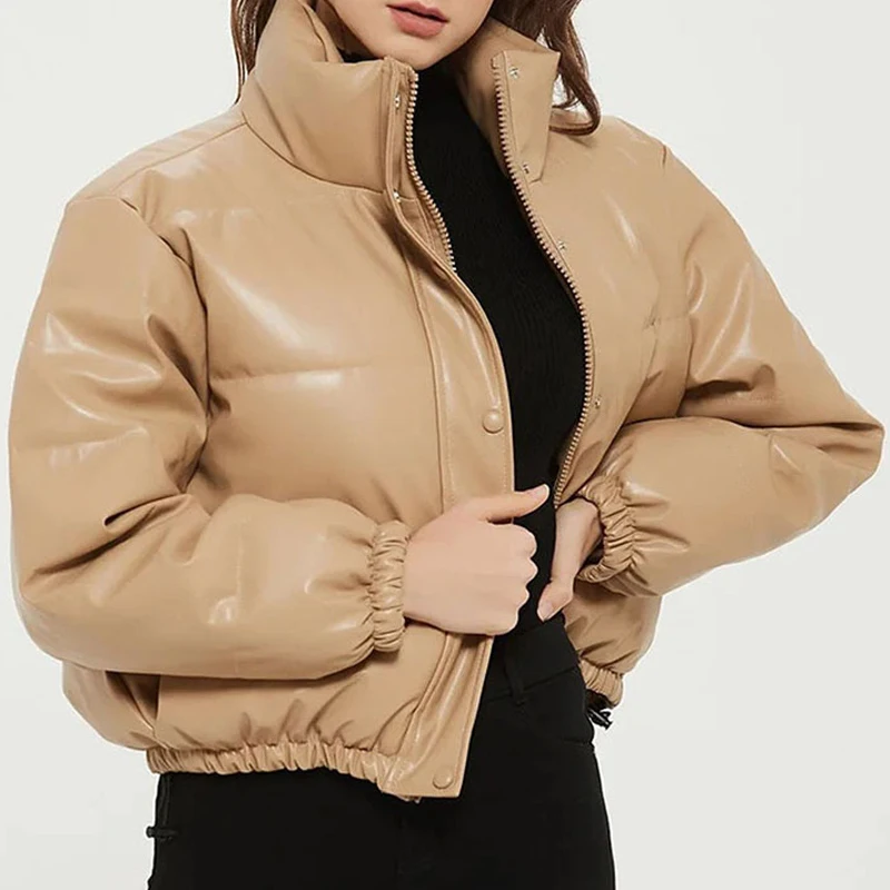 Imagem -03 - Parkas Curtas de Couro pu Feminino Jaqueta Acolchoada Quente Cabolsas Grossos de Algodão Roupas Elegantes com Zíper Preto na Moda Inverno