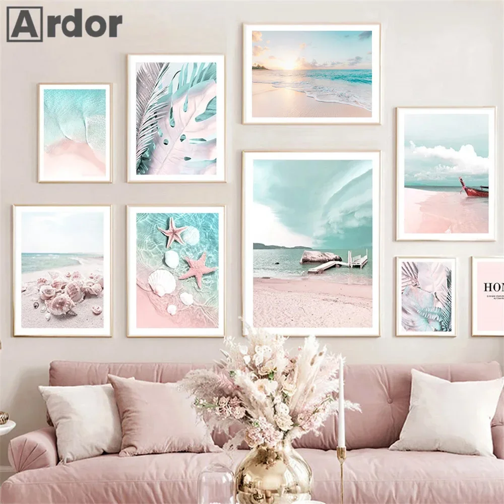 

Sunrise Sea Waves Print Pink Beach Art Painting Palm Leaf Starfish Shell Canvas Poster Nordic Wall Pictures Living Room Decor