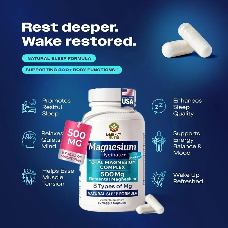 500mg Magnesium Glycinate 8-in-1 Magnesium Complex Sleep and Muscle Health Support, 60 Vegetarian Capsules