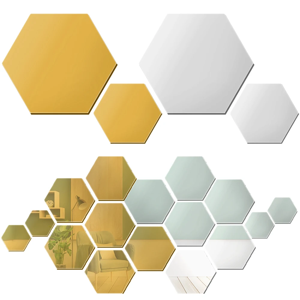 12PCS Mirror Wall Sticker Self-adhesive Hexagon Modern Acrylic Honeycomb Reflect Mirror Wallpaper Bedroom DIY Art Wall Decor