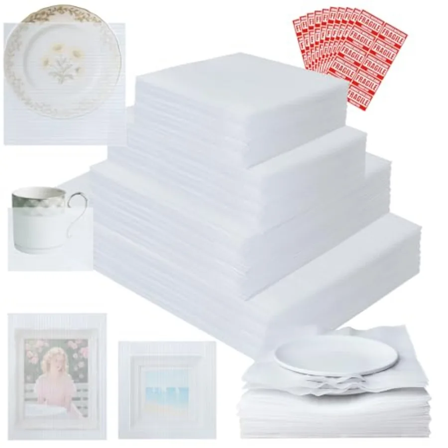 

350 Pcs Dish Packing Supplies for Moving 250 Cushion Foam Pouches and Sheets 4 Sizes 16x12'' 12x12'' 12x8'' 8x8'' with 100 Frag