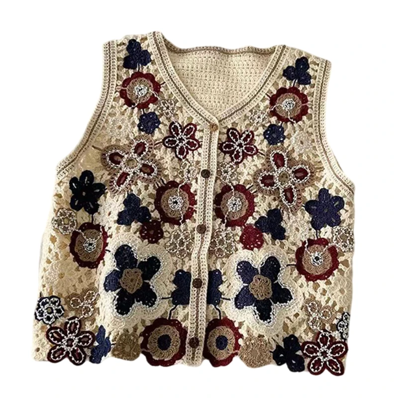 Women Vintage Hollow Crochet Knit Vest Waistcoat Ethnic Beaded Embroidery Colorful Floral Sleeveless Crop Cardigan for JACKET