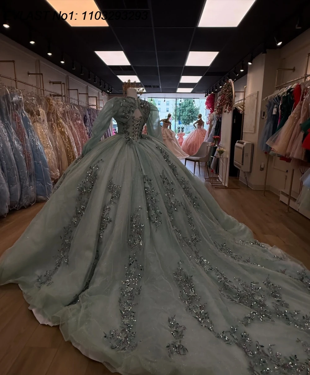 EVLAST Personalizzato Messicano Verde Abito Quinceanera Abito di Sfera Paillettes Oro Applique Che Borda Dolce 16 Abiti Da 15 Anos E1QN787