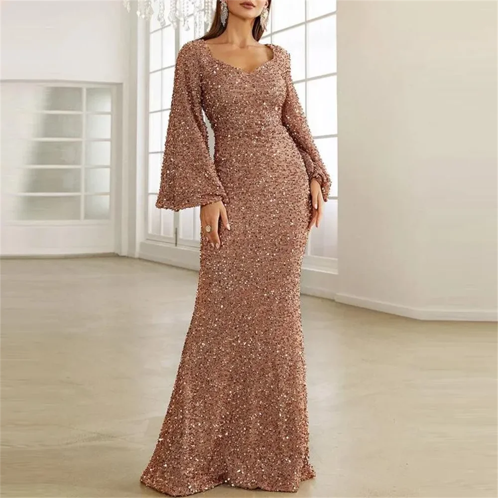 

Elegant Sequin Shinny Evening Prom Dress Women Flare Sleeve Maxi Mid Waist Long Party Gown Wedding Guest