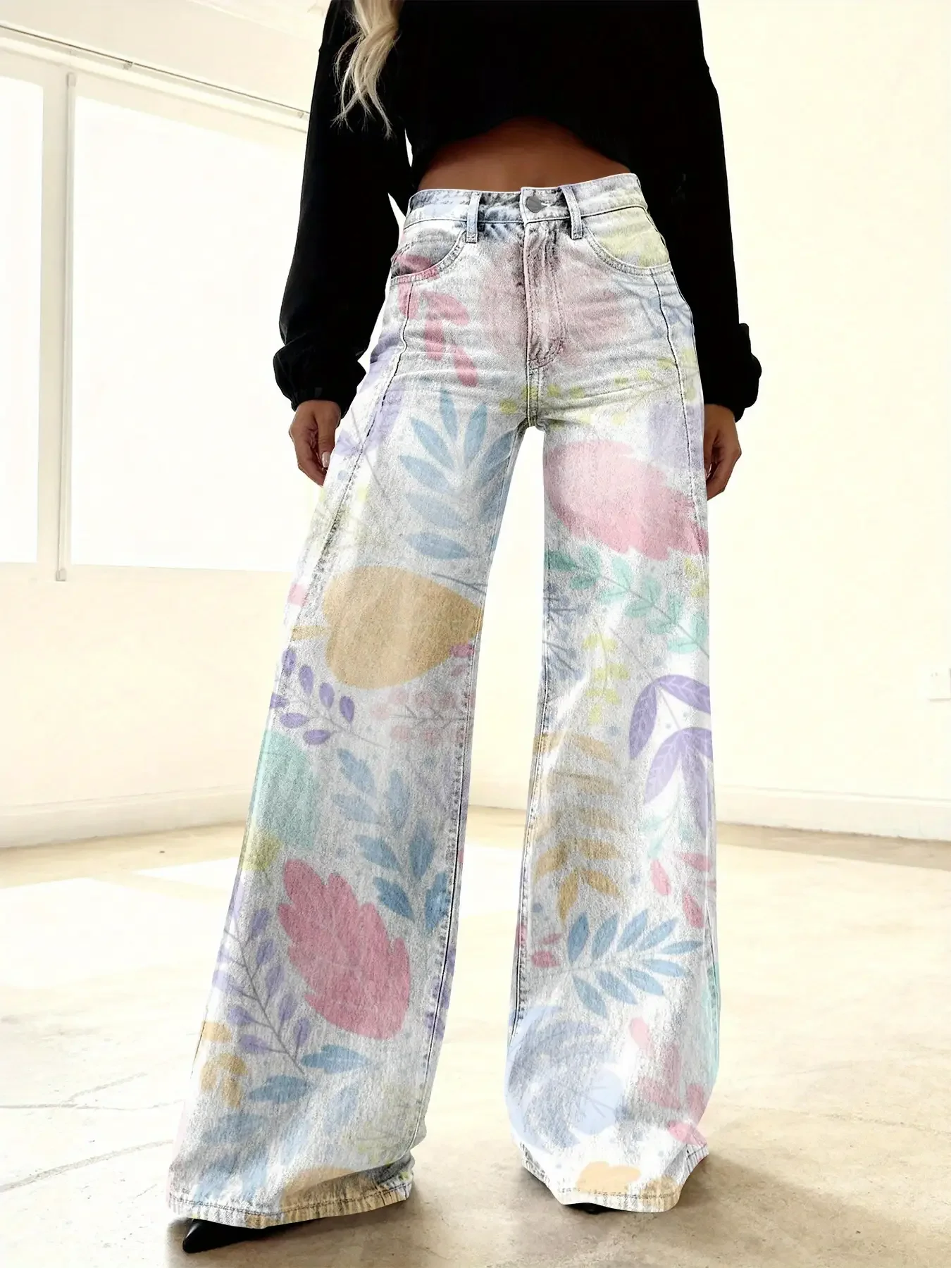 2026 Christmas ladies' new printed retro jeans, imitation denim fabric, Extra large button crutch pattern