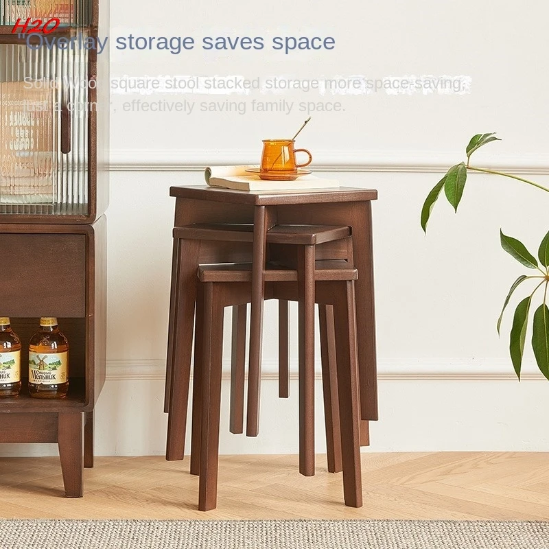 

All Solid Wood Stackable Dining Stool High Stool Household Solid Wood Gray Natural Wood Walnut Wooden Stool Simple Living Room