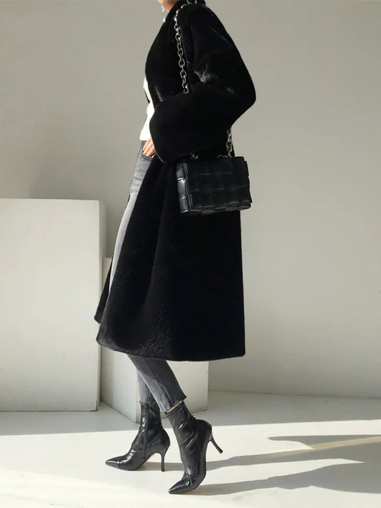 طويل أسود فاخر أنيق أنيق سميك دافئ رقيق شعر ناعم فو فرو المنك معطف المرأة الوقوف طوق الزنانير